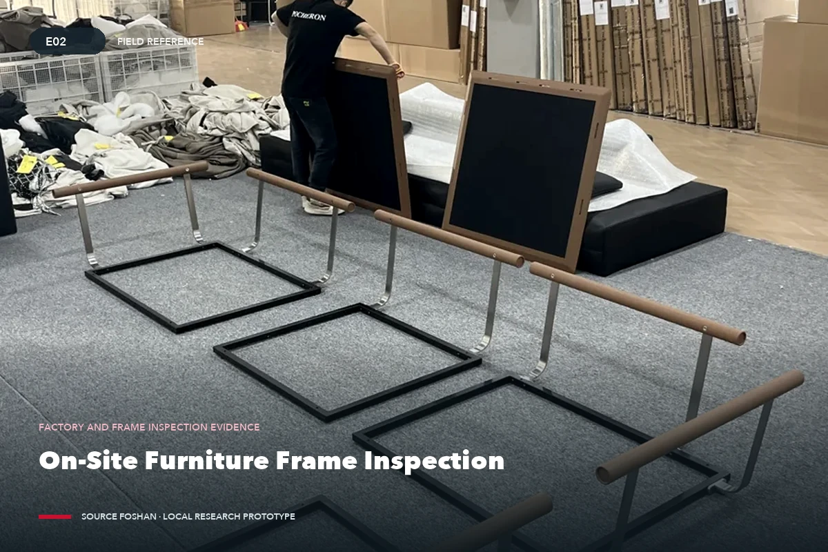 An inspector checking the underside and frame of dining chairs during a furniture review.