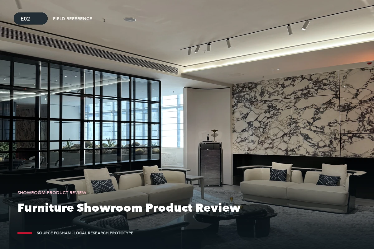 Living-room furniture displays reviewed side by side during a showroom product comparison.
