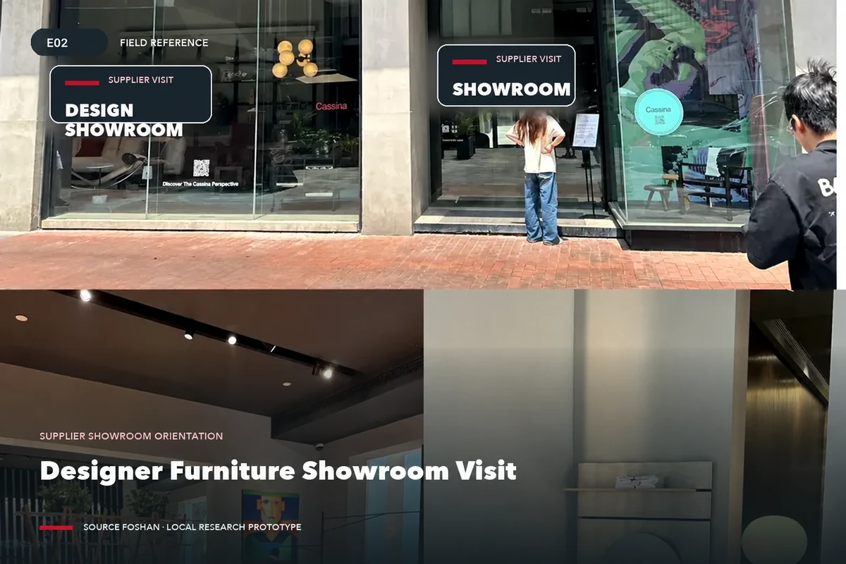A buyer and companion entering a furniture design showroom during a product research visit.