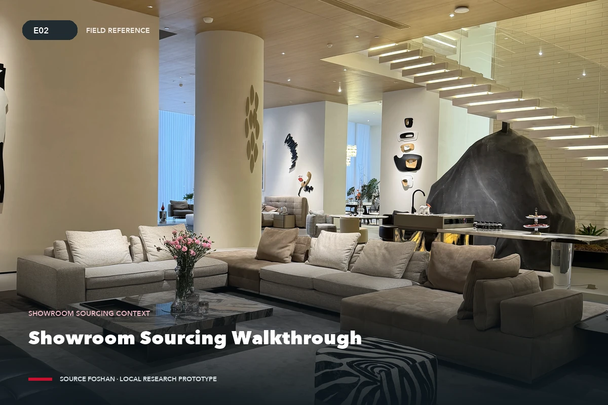 A furniture showroom arranged into coordinated seating and display zones for a sourcing walkthrough.