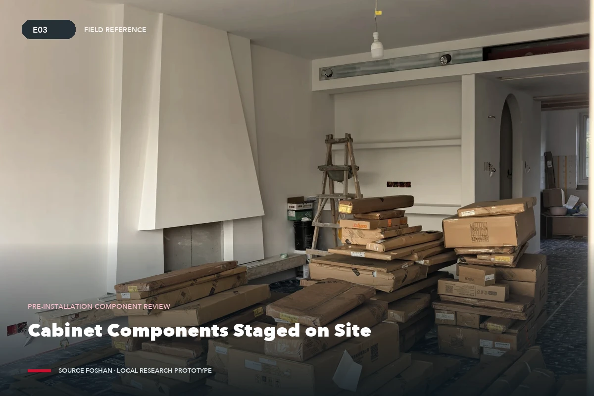 Packaged cabinet components staged in a room before installation.