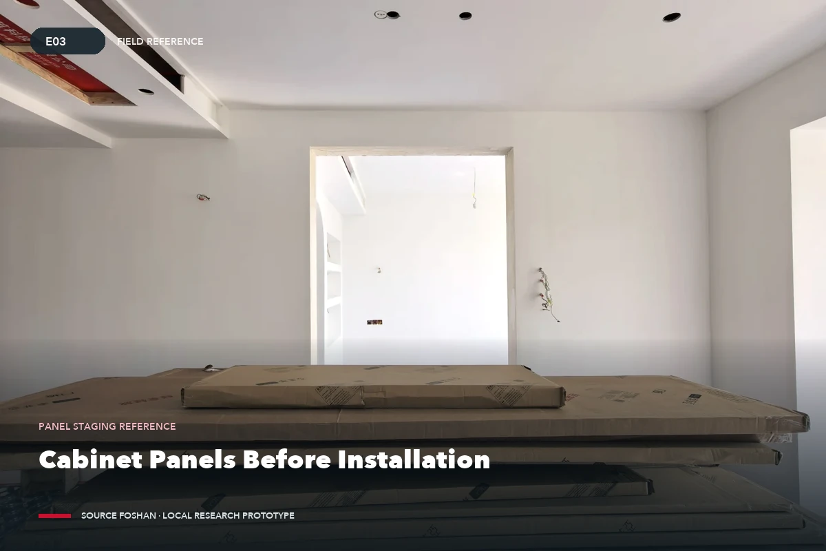 Cabinet panels and packaged components arranged in a room before installation.