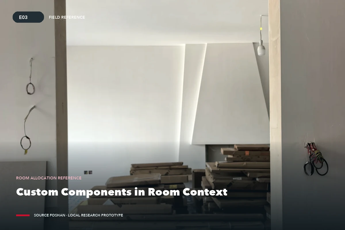 Custom cabinet components positioned in a room to check their intended installation context.