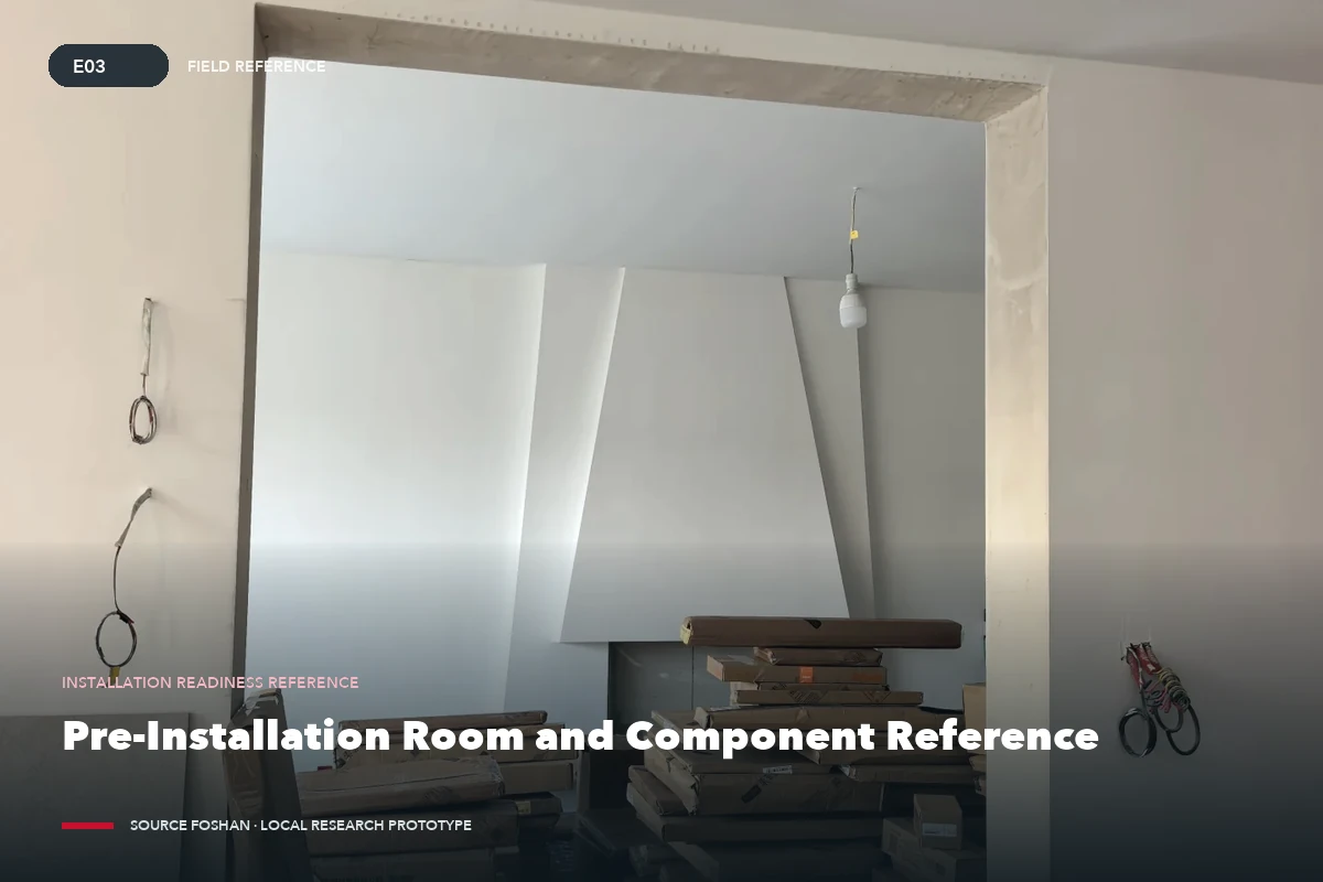 A room and its staged cabinet components documented before installation work begins.