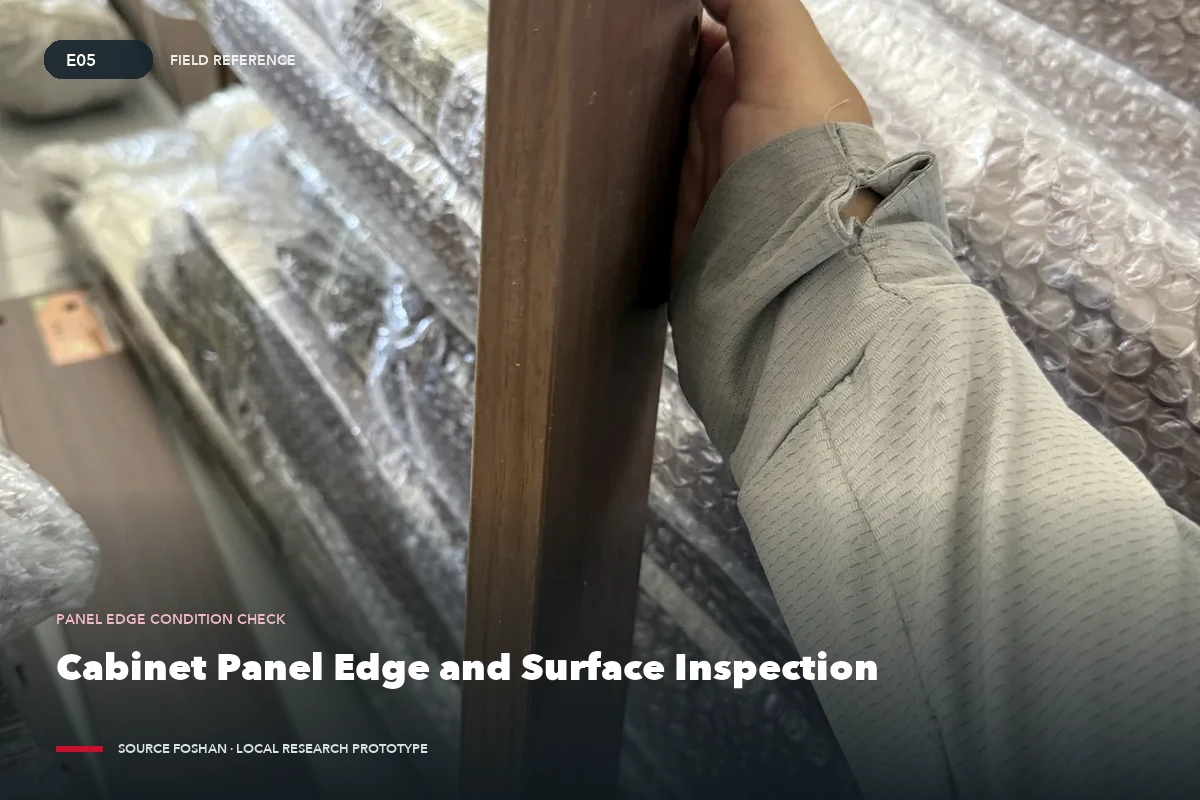 Cabinet panel edge held close to the camera for inspection of chips, finish consistency, and edge banding.