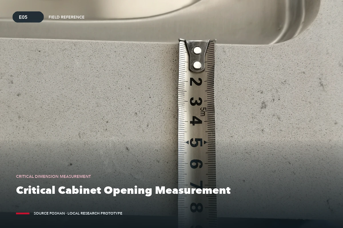 Inspector verifies a critical cabinet opening with a tape measure.