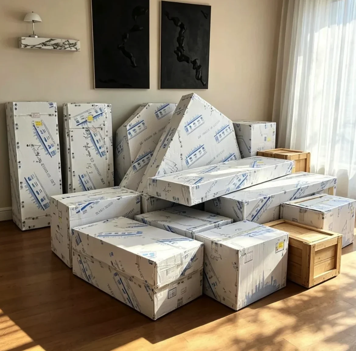 Export-packed furniture cartons labelled by room and item code, delivered inside a client's home