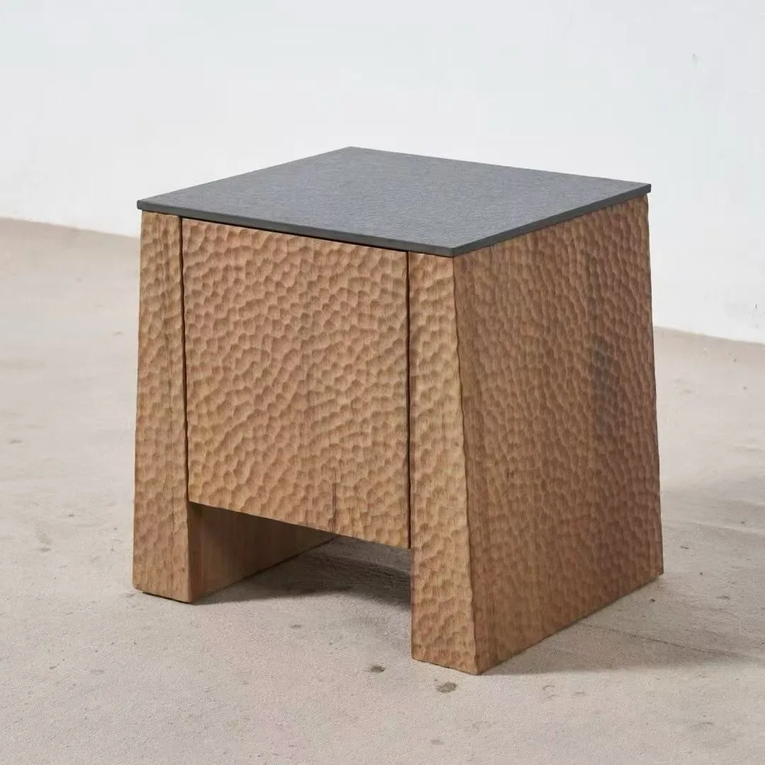 Hand-hammered timber side table with stone top