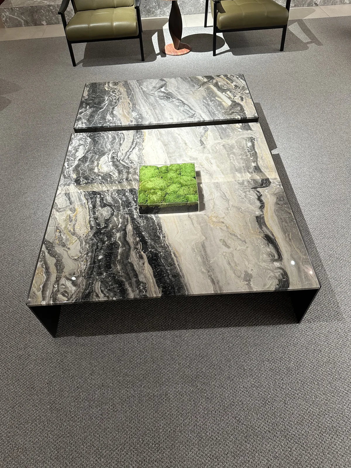 Marble coffee table top detail with green veining