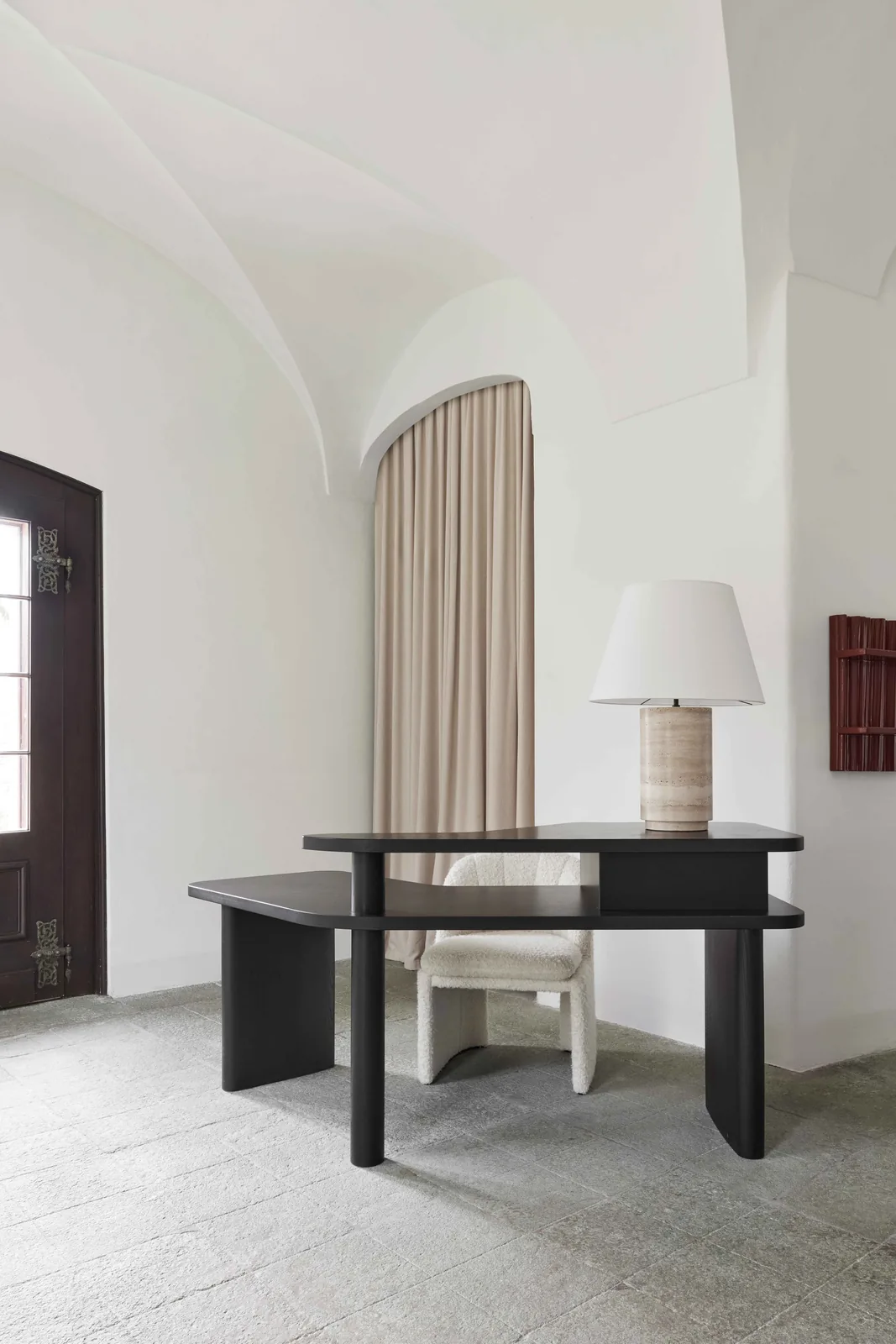 Reference image: bedroom with dark timber console and soft textiles