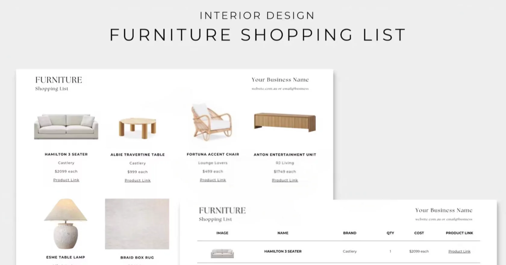 Room-by-room shopping list and reference images laid out on a table