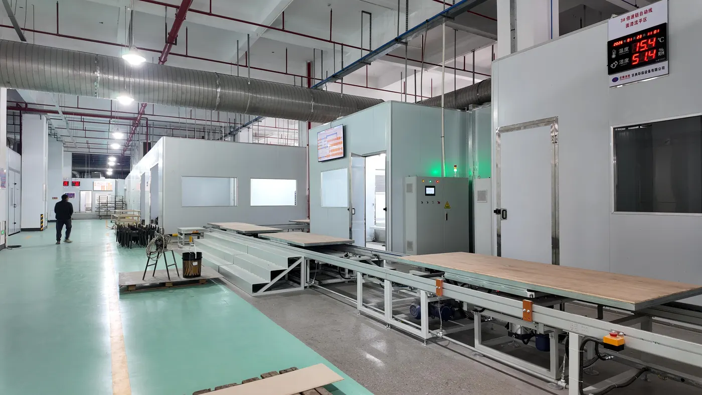 Enclosed finishing line with controlled spray booths