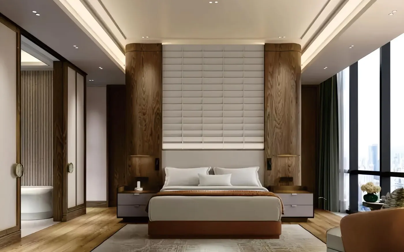 City hotel king guestroom with timber wall panelling and lounge chair
