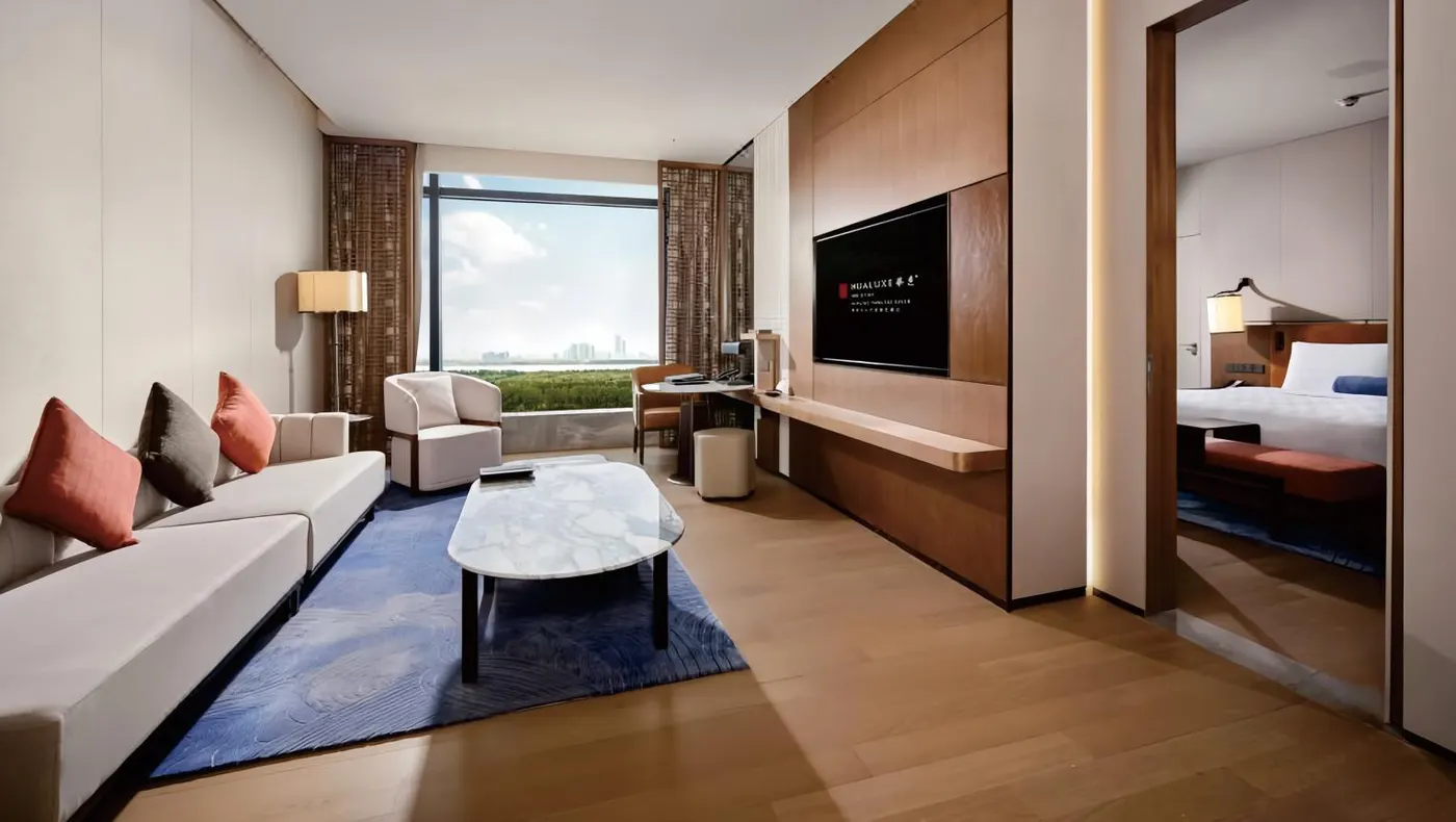 City hotel suite living room with marble coffee table