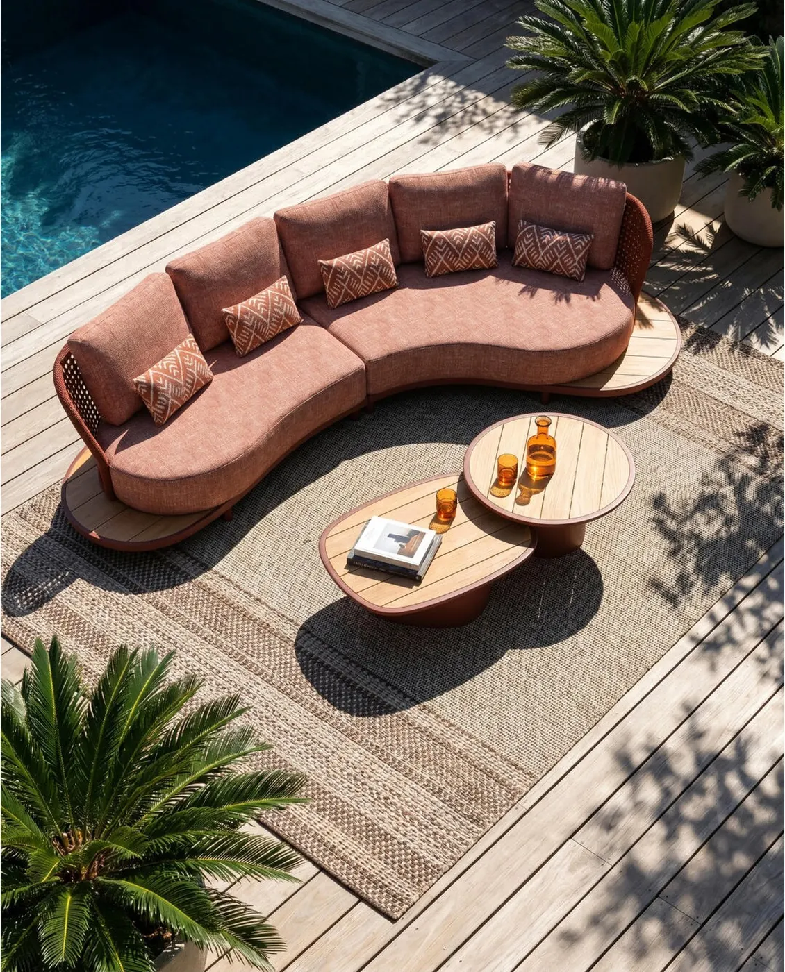 Curved terracotta outdoor sofa with rope detailing on a timber deck