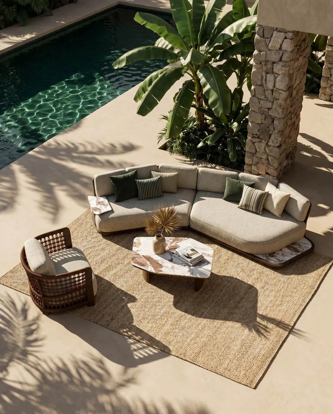 HDPE rattan outdoor lounge set with daybed beside a pool