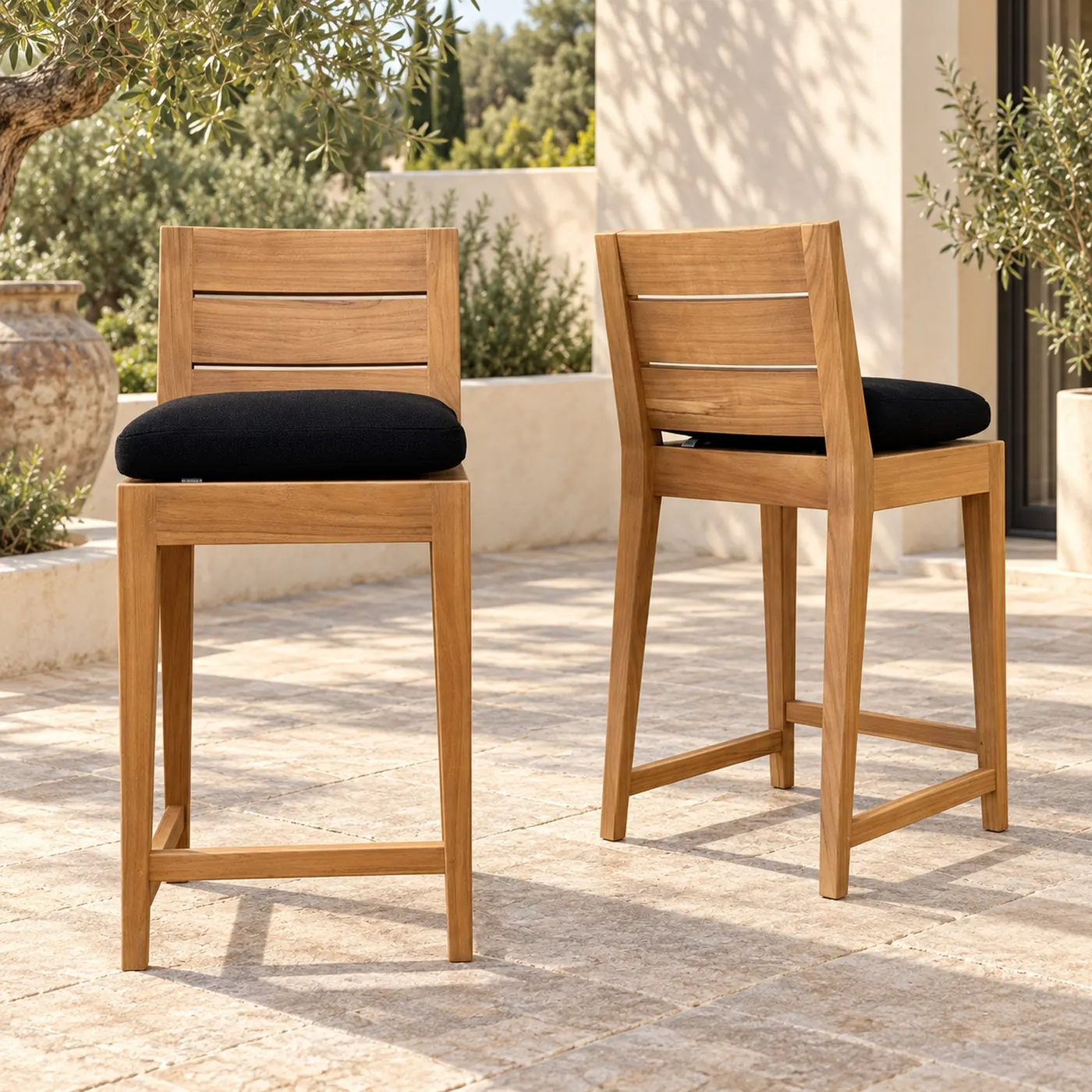 Teak outdoor bar stools and counter table