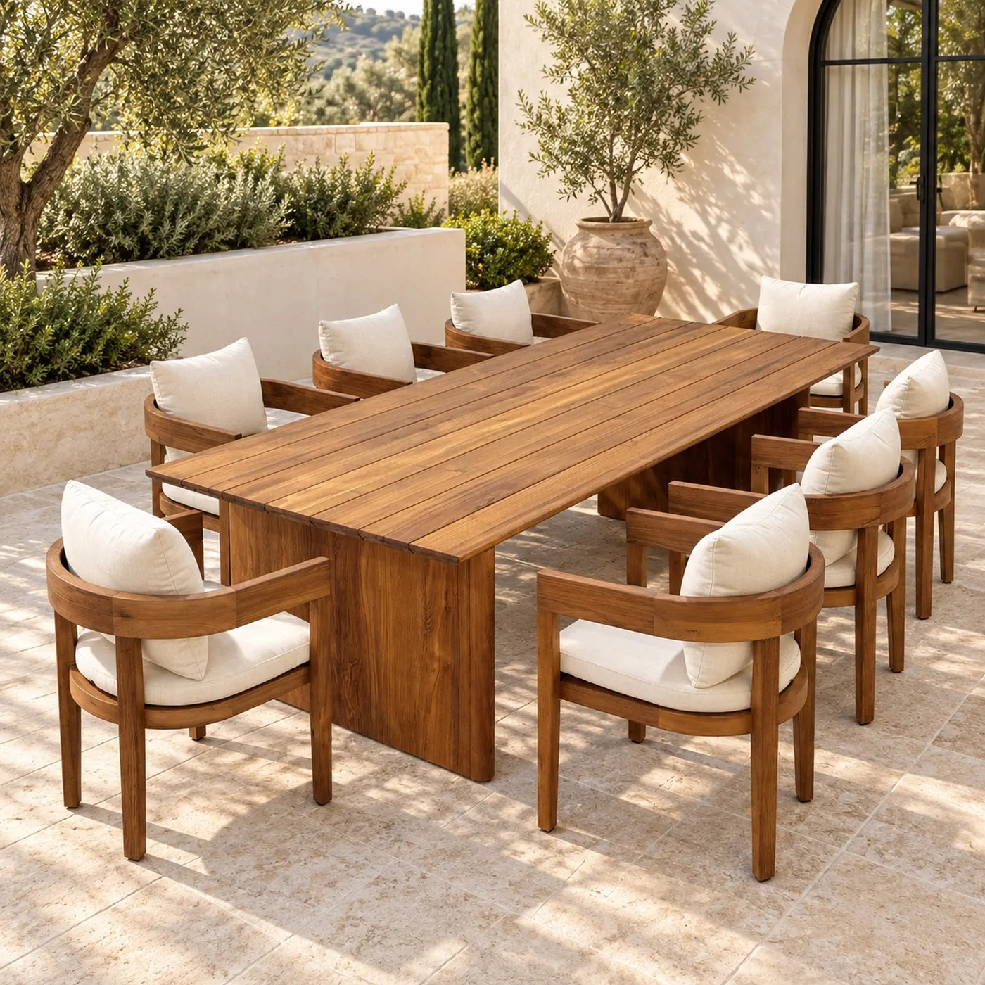 Solid teak outdoor dining table with eight upholstered chairs on a villa terrace