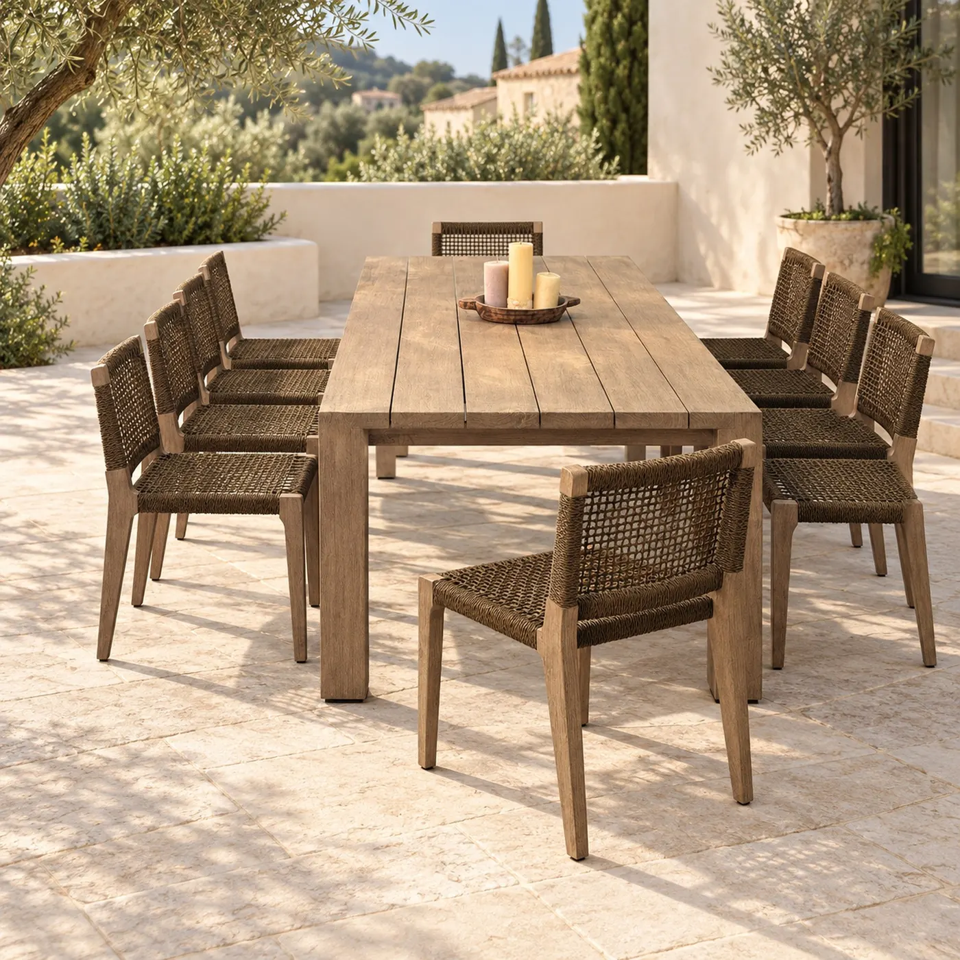 Teak outdoor dining table with woven rope dining chairs on a terrace
