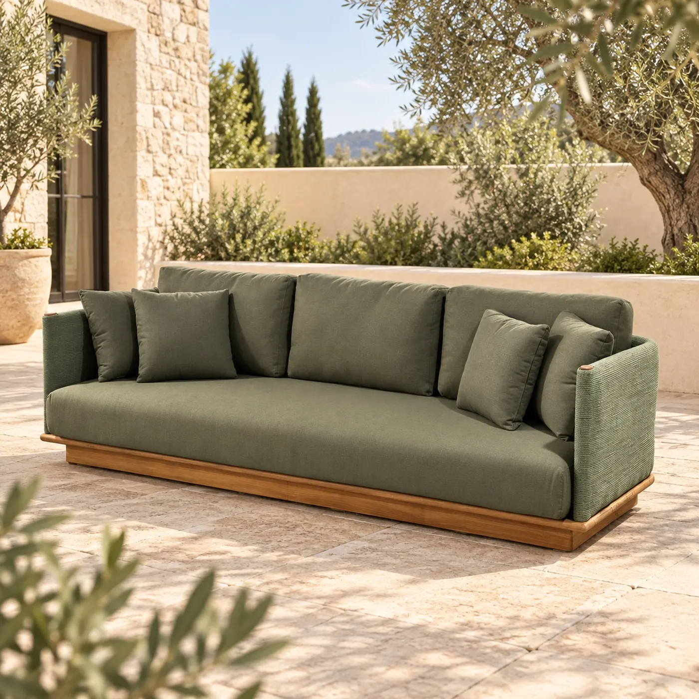 Teak outdoor sofa with sage green solution-dyed cushions
