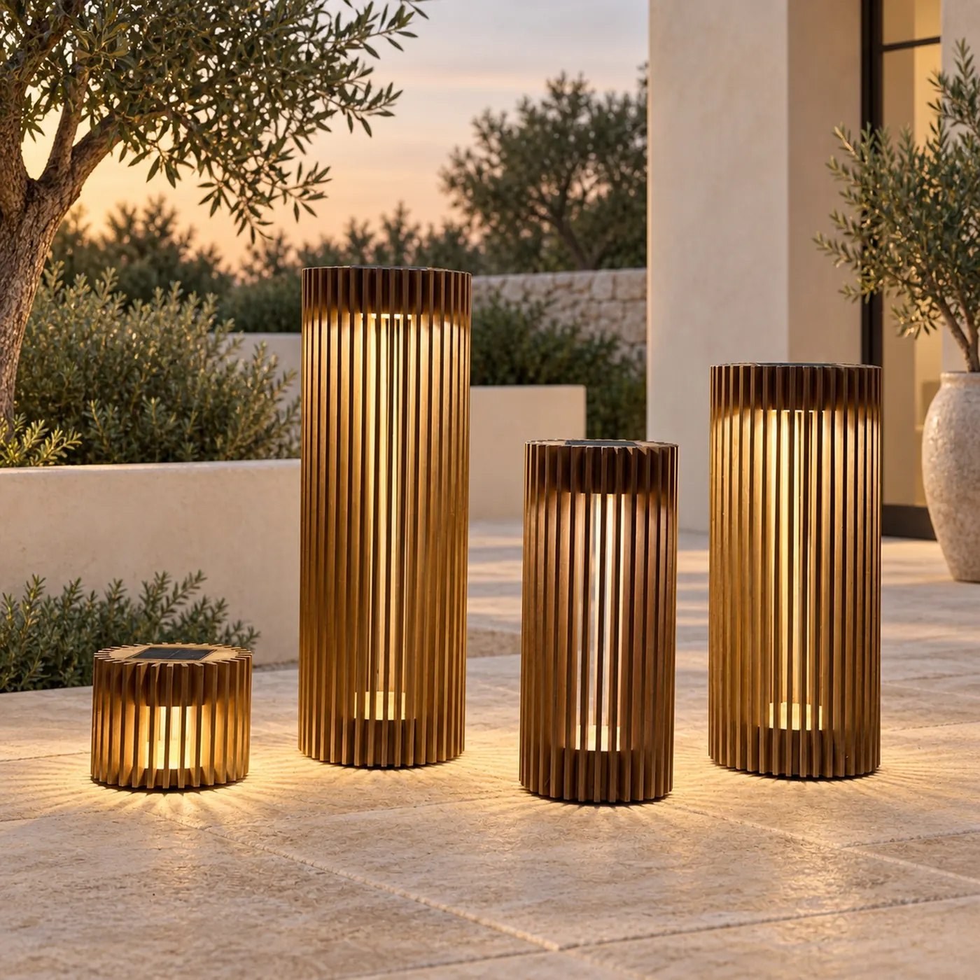 Teak slatted solar lanterns lit on a terrace at dusk