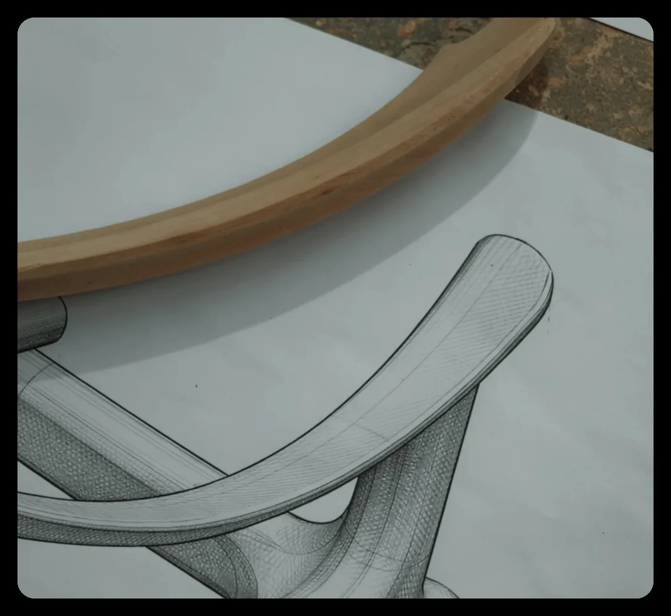 Pencil sketch of a chair frame detail