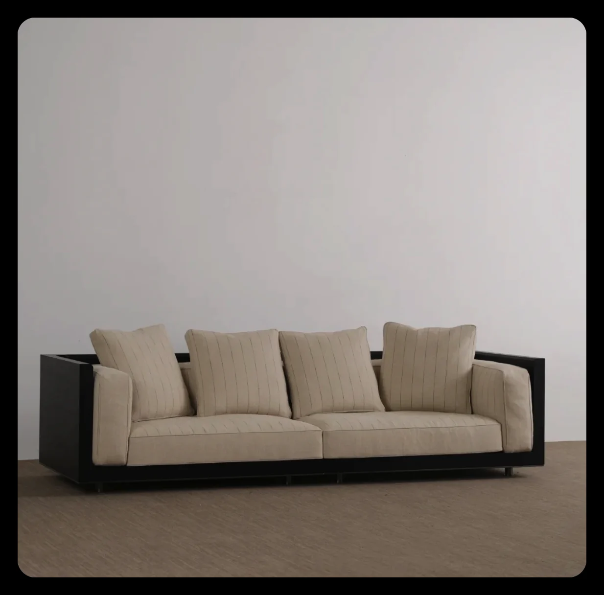 Custom box-frame sofa with black-stained oak shell and pinstripe linen upholstery