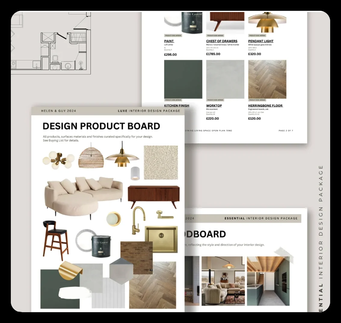 Interior design product board with floor plan, materials and finishes