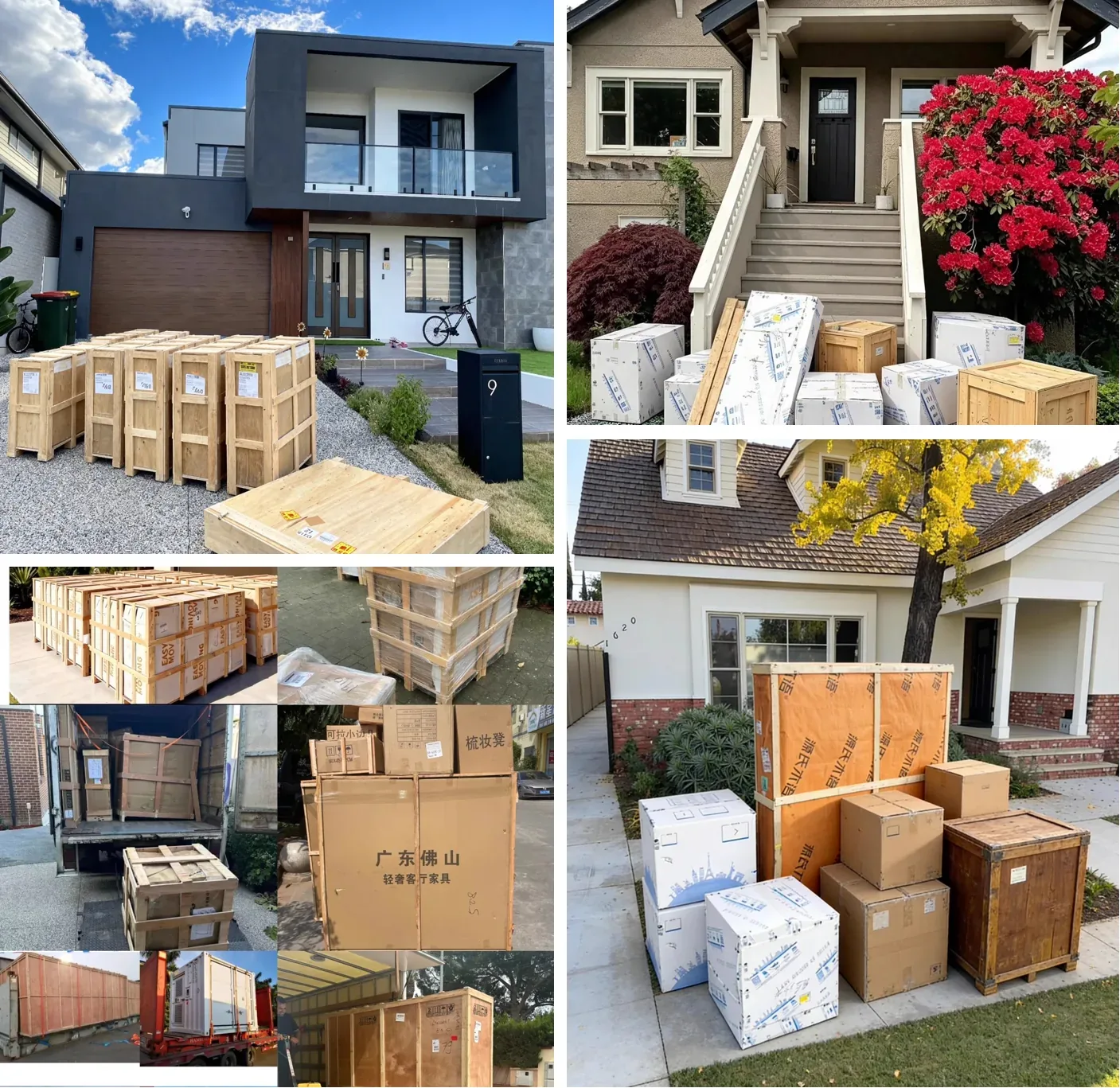Collage of export-crated furniture delivered to houses in Australia, the United States and Europe
