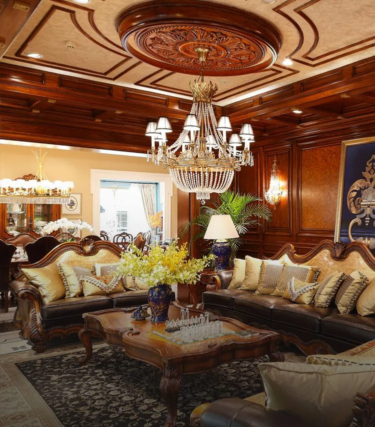 Classic living room with chandelier and carved furniture delivered from Foshan