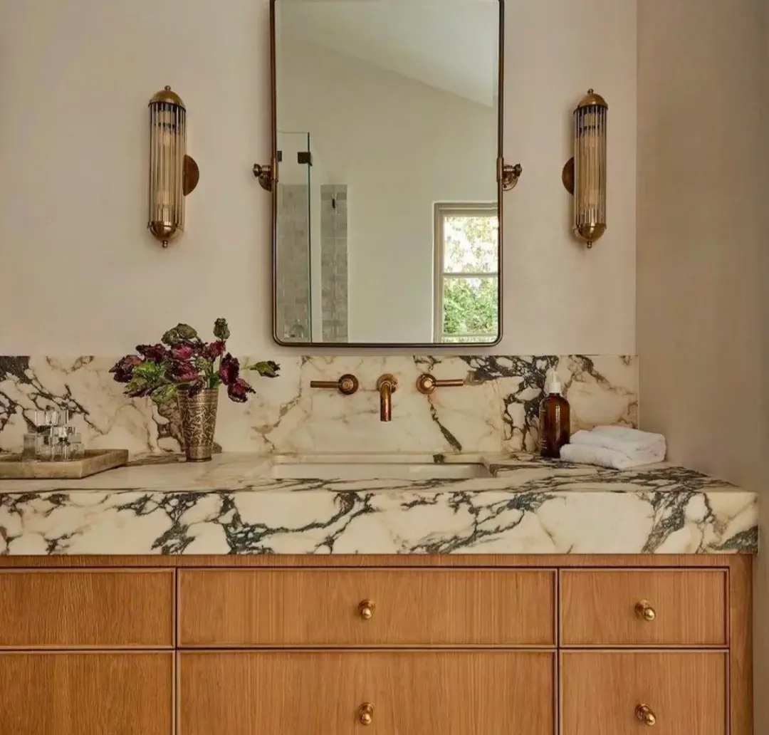 Oak and stone custom bathroom vanity