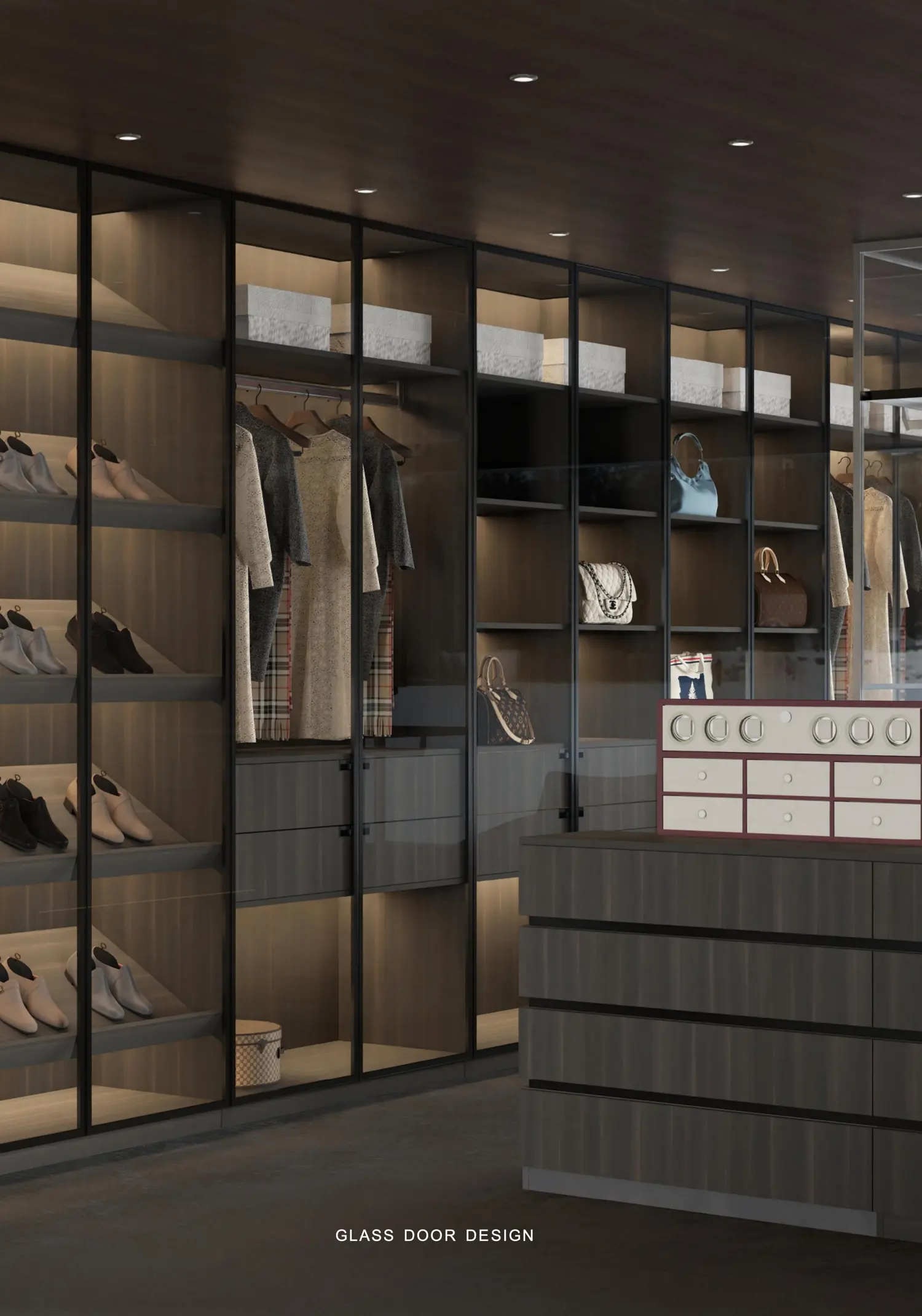 Custom walk-in wardrobe with coordinated lighting and storage