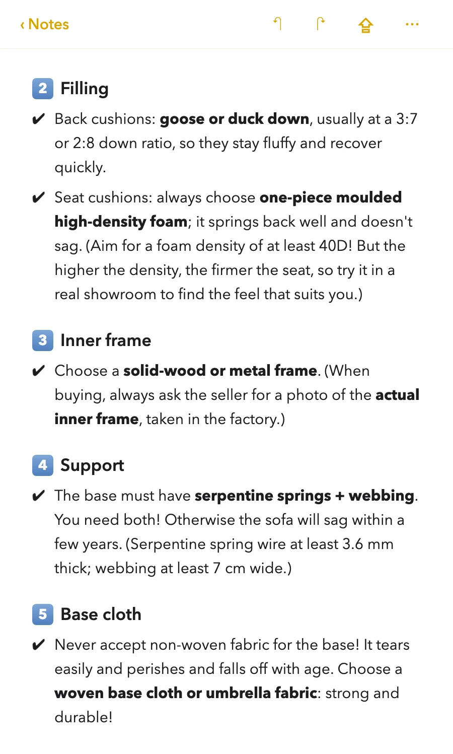 The same checklist, parts 2–5: foam of at least 40D, a solid-wood or metal frame, serpentine springs of 3.6 mm plus 7 cm webbing, and a woven base.
