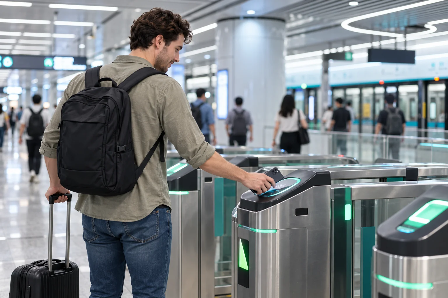 International traveler using a phone at a modern metro gate in China