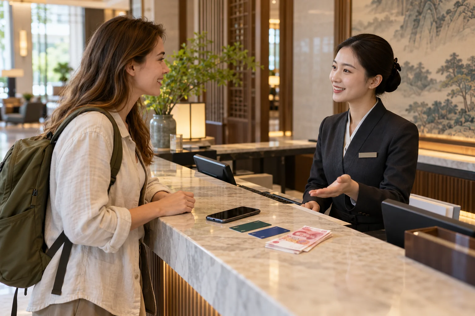 International traveler with bank cards and a small amount of RMB cash at a China hotel desk