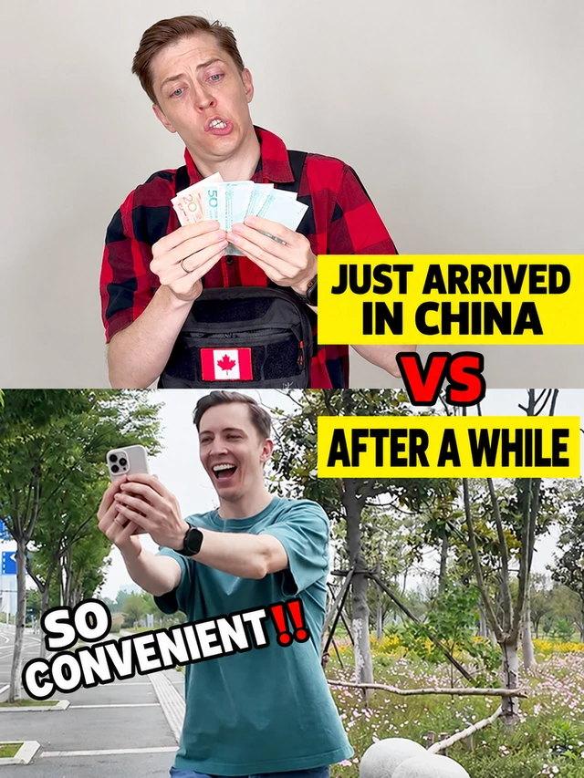Foreign visitor comparing cash and mobile payments in China