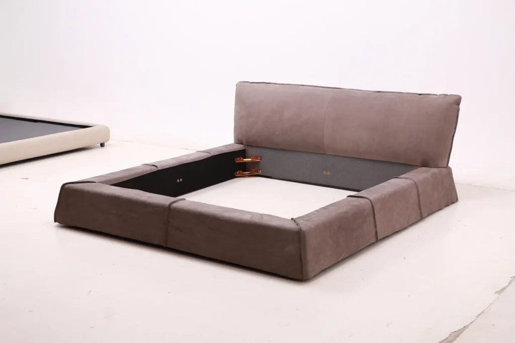 Custom upholstered bed photographed for a furniture specification check