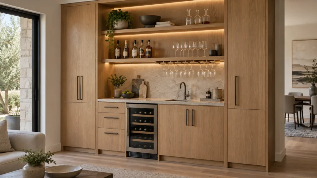 Illustrative built-in custom home bar cabinet with oak joinery, stone worktop, sink, wine refrigerator and LED lighting
