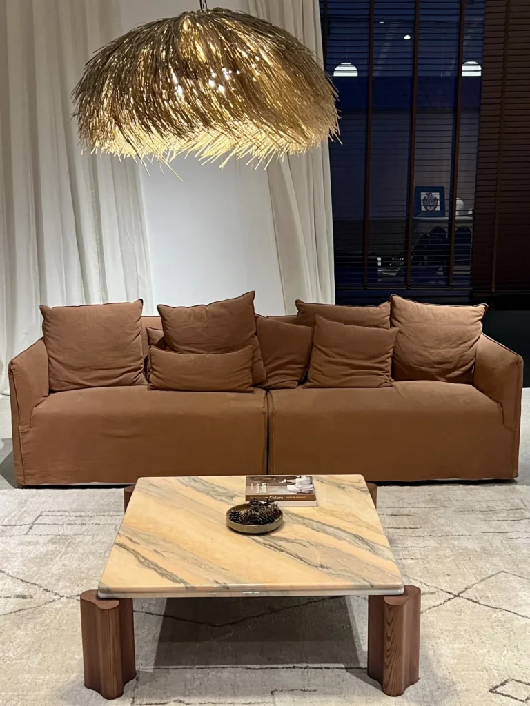 Brown sofa and coffee table installed in a completed living room