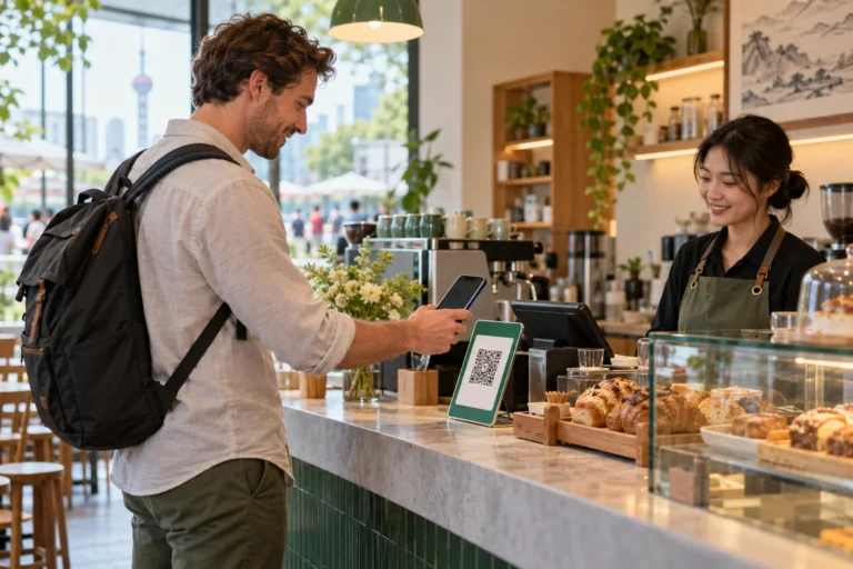 Ausländischer Besucher scannt in einem Café in China den QR-Code eines Händlers