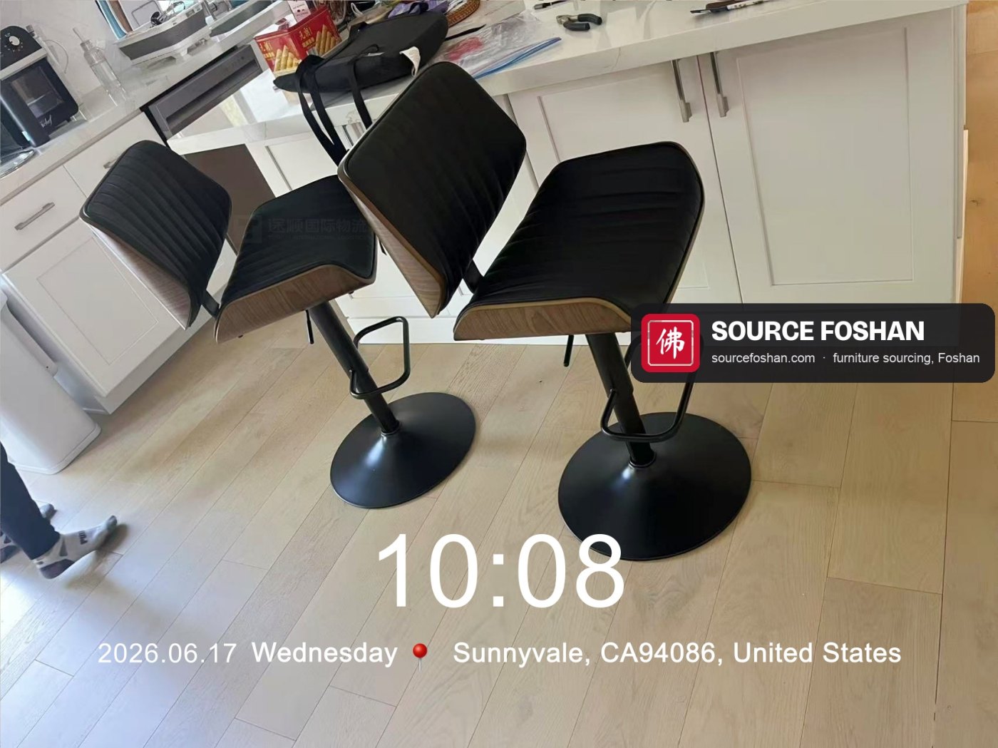 Black leather bar stools from Foshan at the kitchen counter, Sunnyvale, 17 June 2026, 10:08