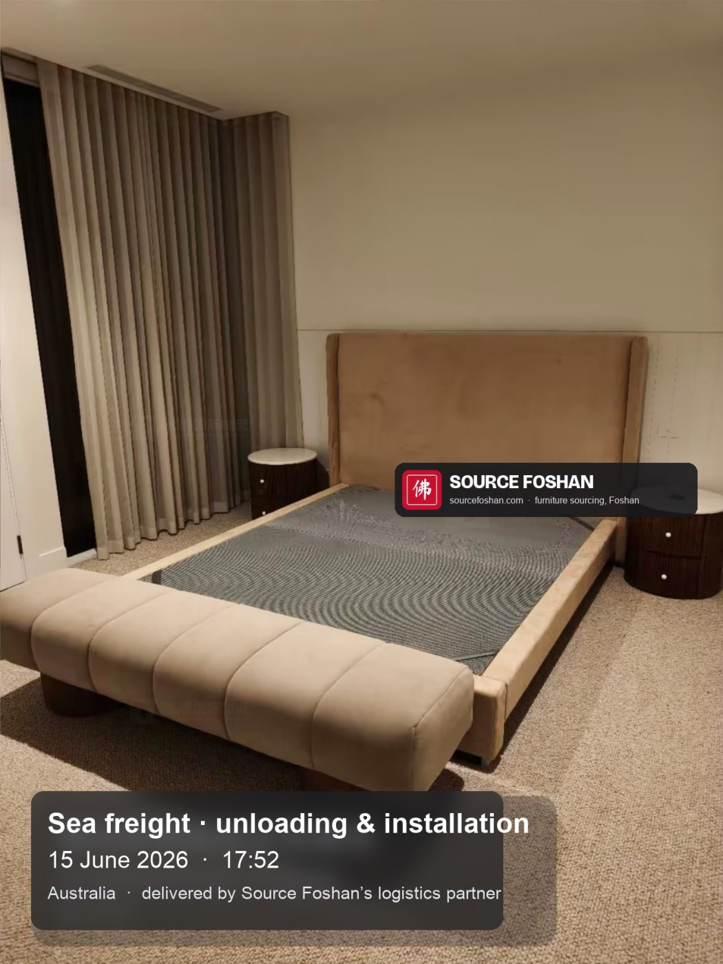 Bed with tall upholstered headboard assembled, 17:52