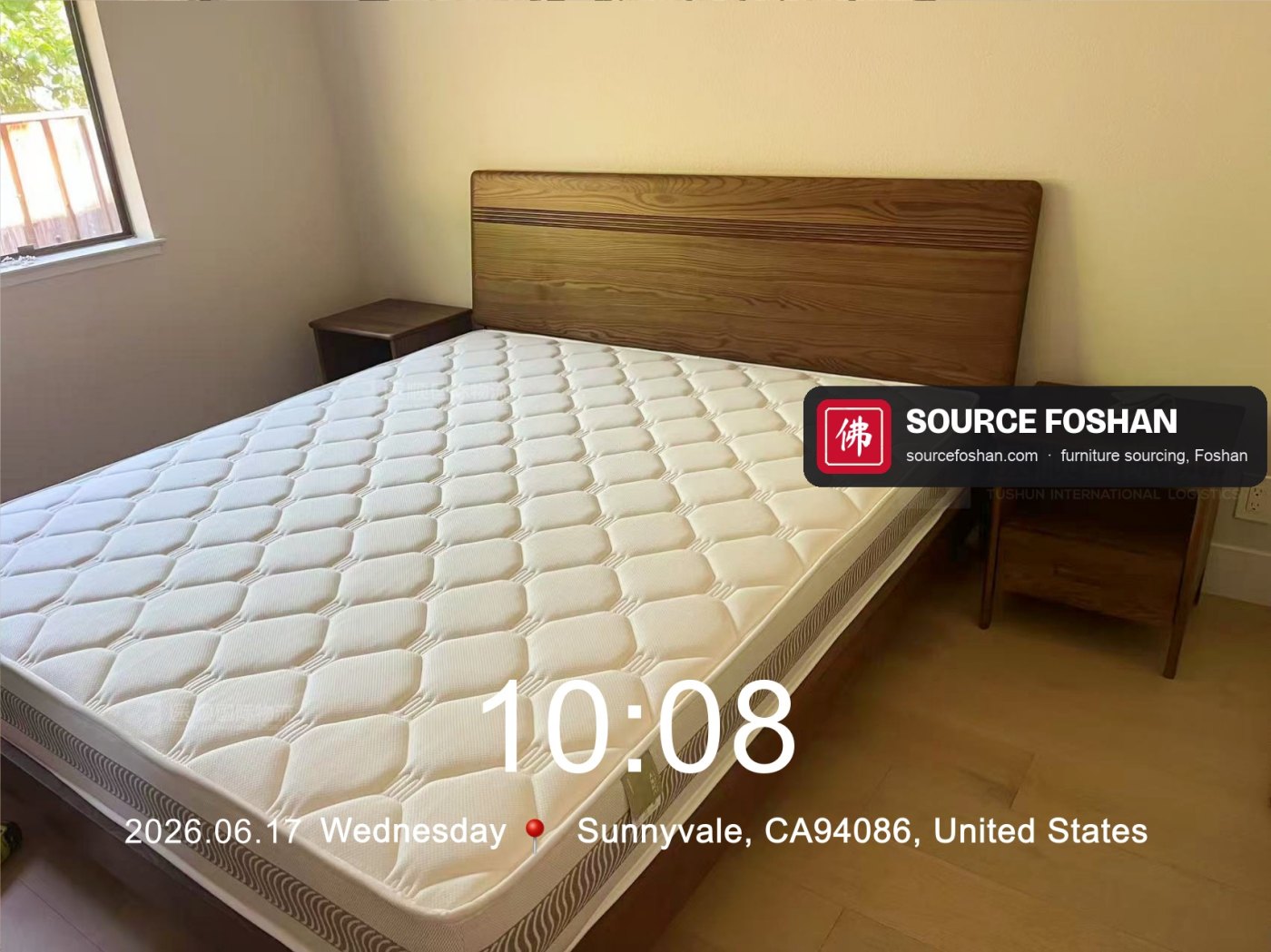 Solid-wood bed, mattress and nightstands installed, 10:08
