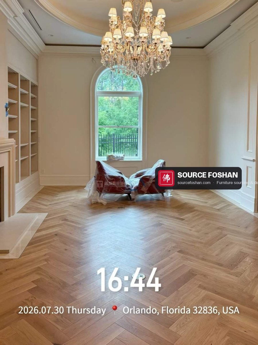 Wrapped chairs from Foshan placed in a library room with herringbone floor