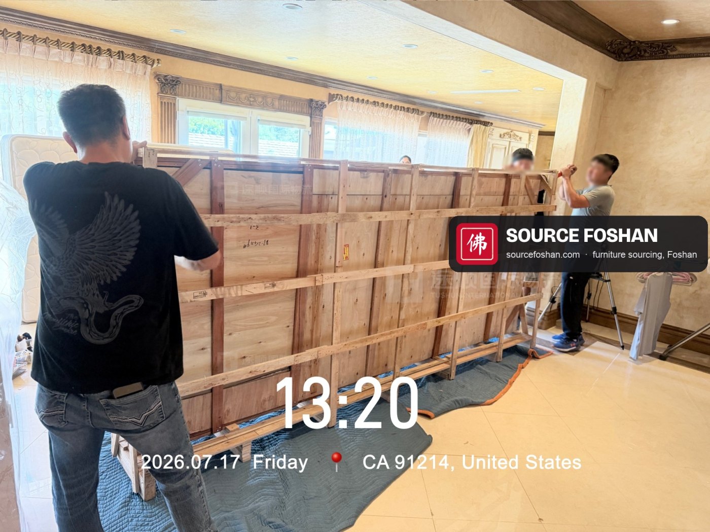 Full-height crate carried into the living room, 13:20