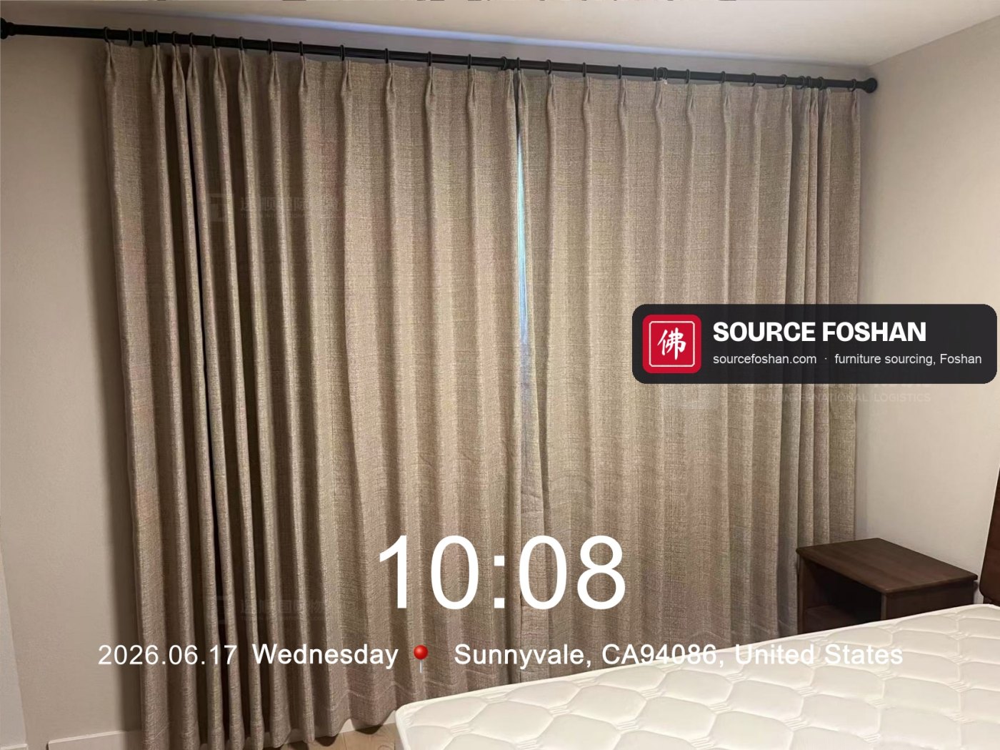 Linen curtains from Foshan hung in the bedroom, 10:08