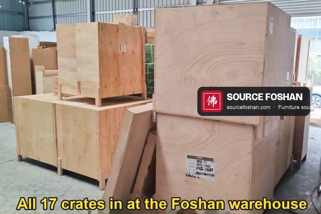 All 17 crates of one order collected at the consolidation warehouse in Foshan
