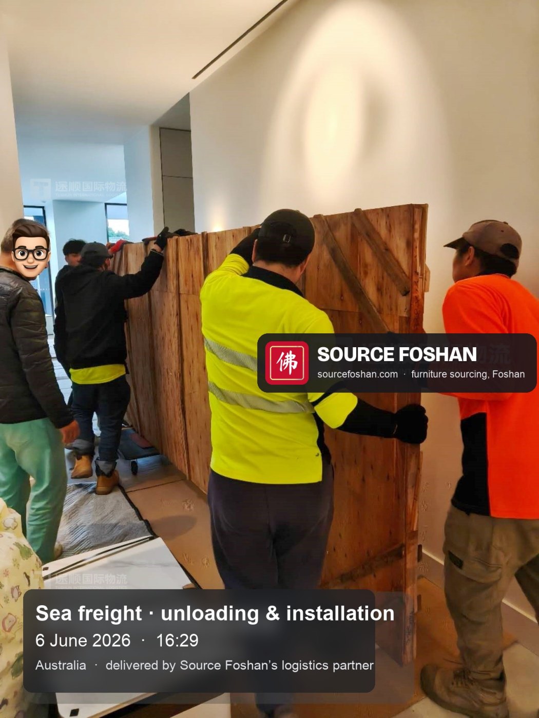 Crew carrying a crated slab table into a house in Australia, 6 June 2026, 16:29