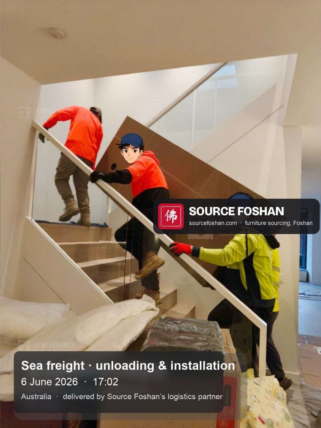 Two movers carrying a crated piece up a staircase, 17:02