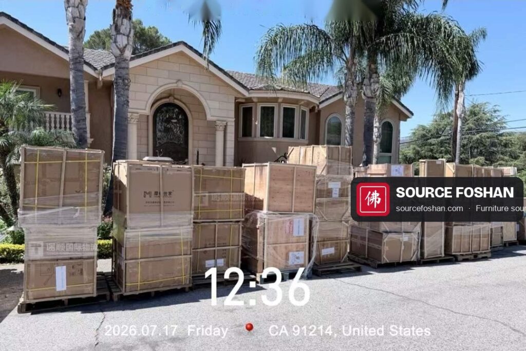 Crates lined up on the driveway in front of the house